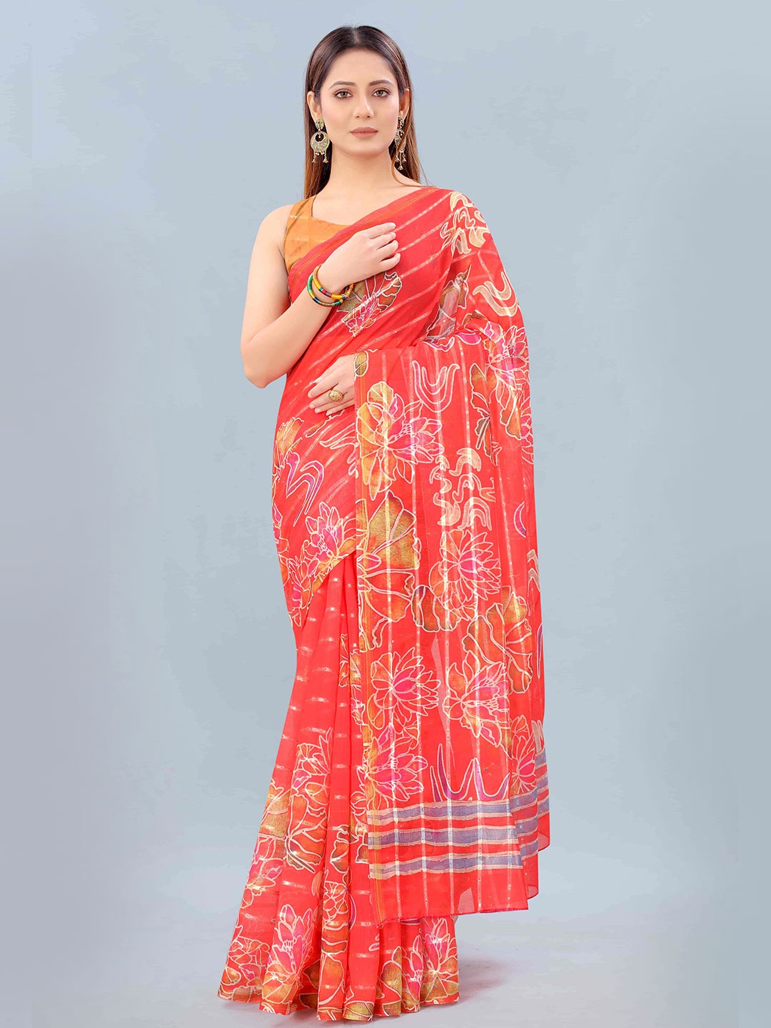 

Silk Land Red & Yellow Floral Silk Cotton Fusion Chanderi Saree