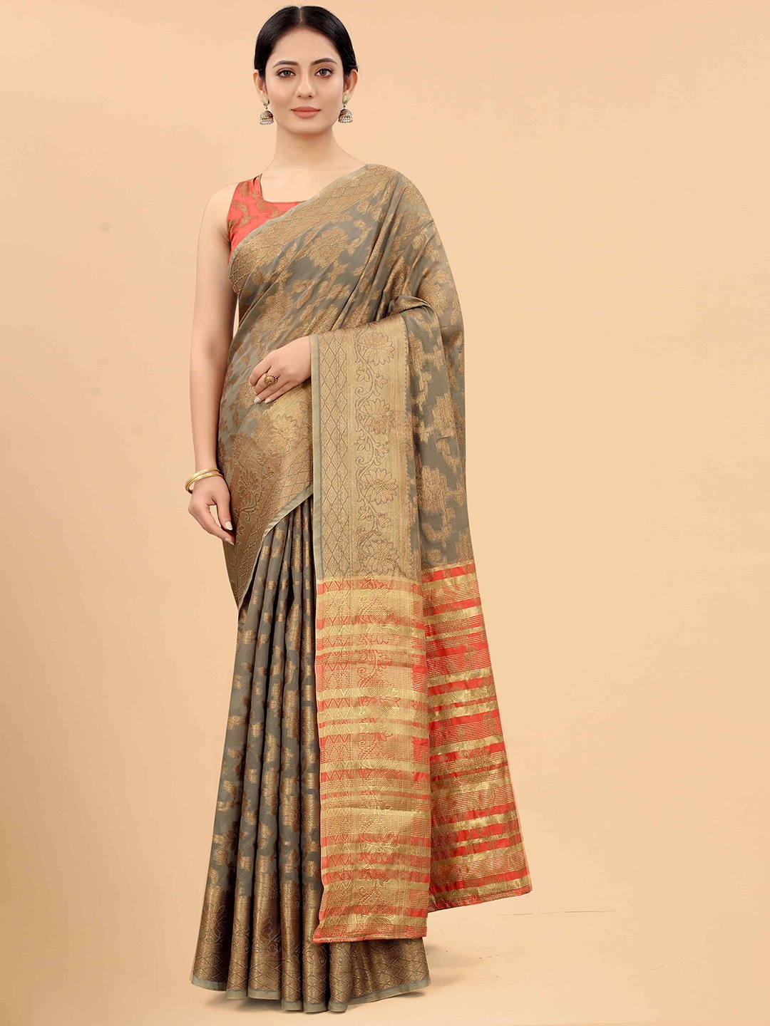 

Silk Land Grey & Orange Floral Zari Banarasi Saree