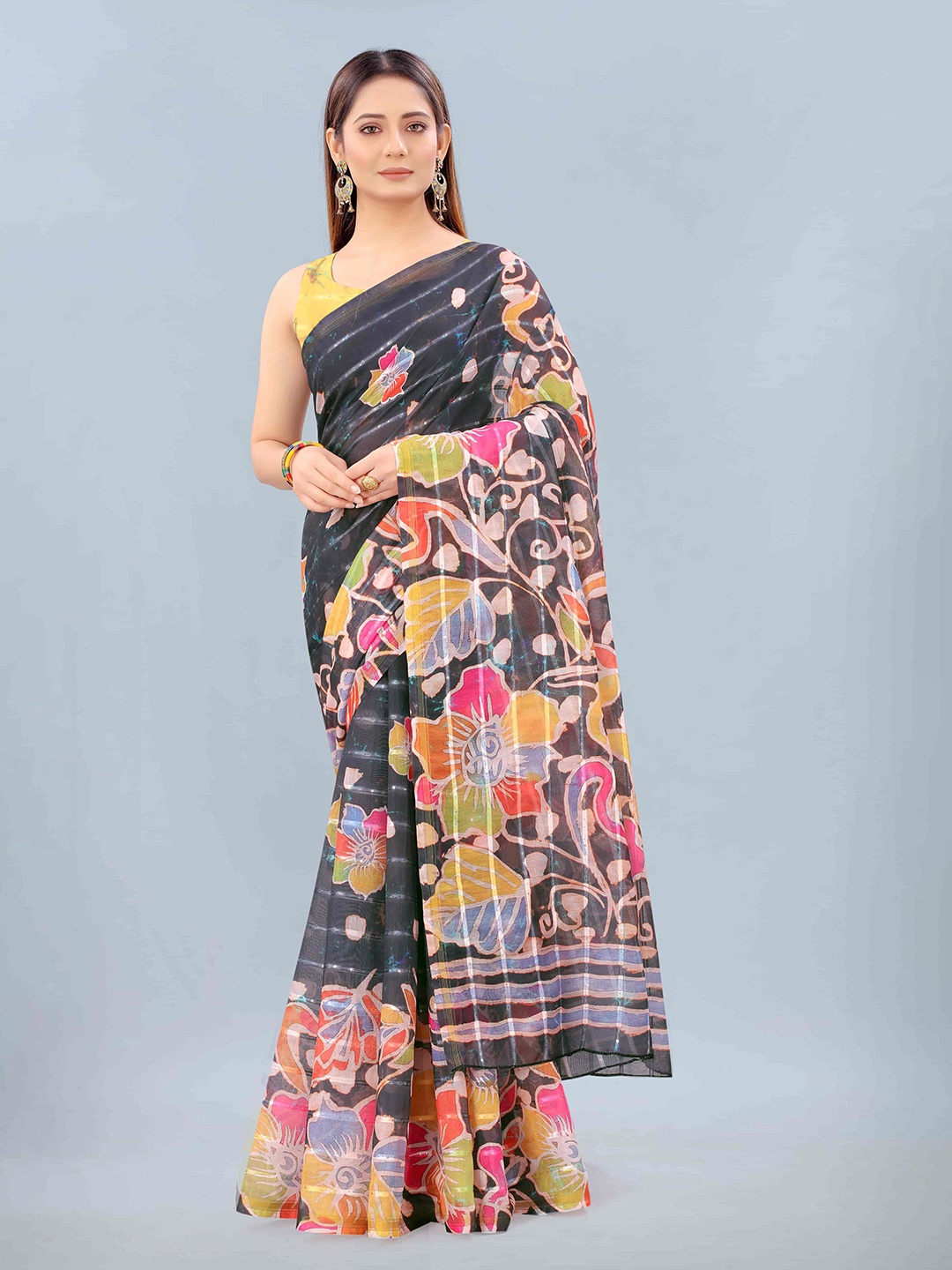 

Silk Land Blue & Pink Floral Silk Cotton Chanderi Saree