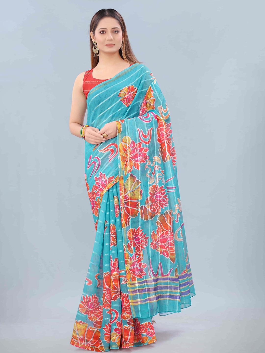 

Silk Land Blue & Red Floral Silk Cotton Chanderi Saree