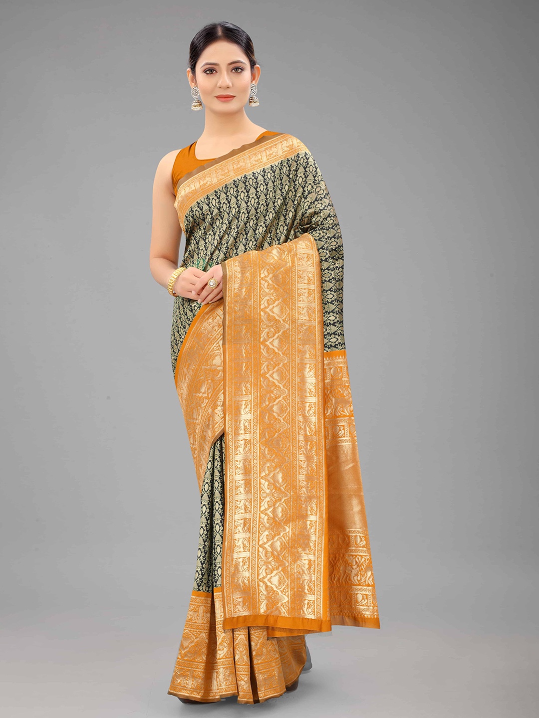 

Silk Land Black & Orange Ethnic Motifs Zari Banarasi Saree