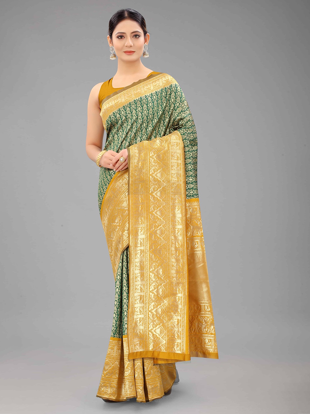 

Silk Land Green & Yellow Ethnic Motifs Zari Fusion Banarasi Saree