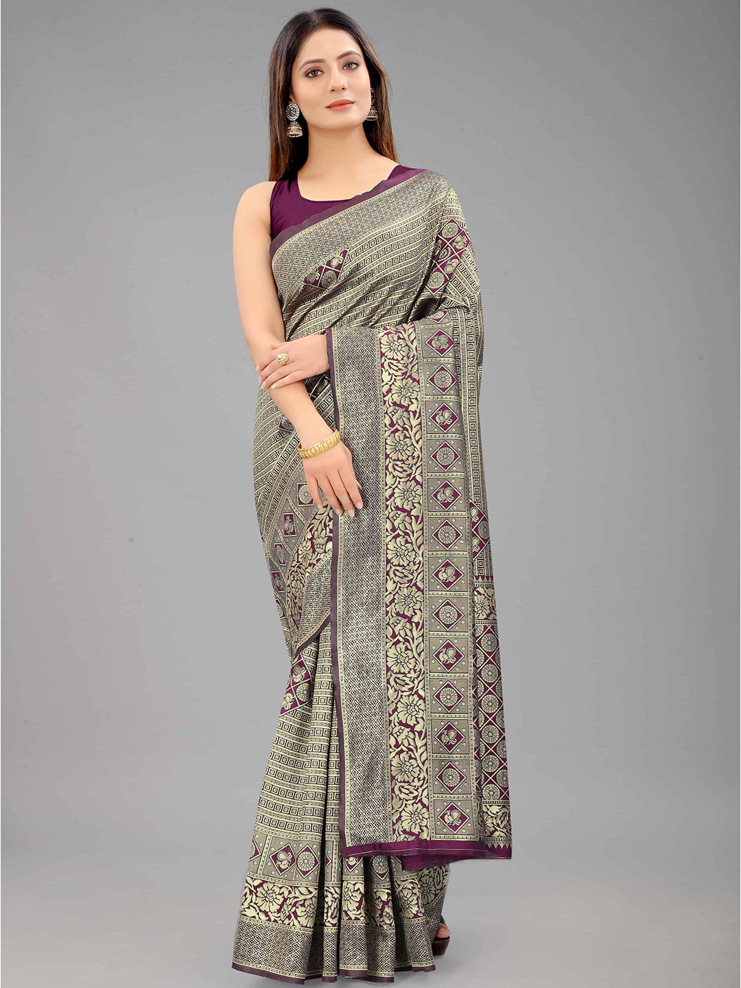 

Silk Land Magenta & Golden Ethnic Motifs Zari Banarasi Saree