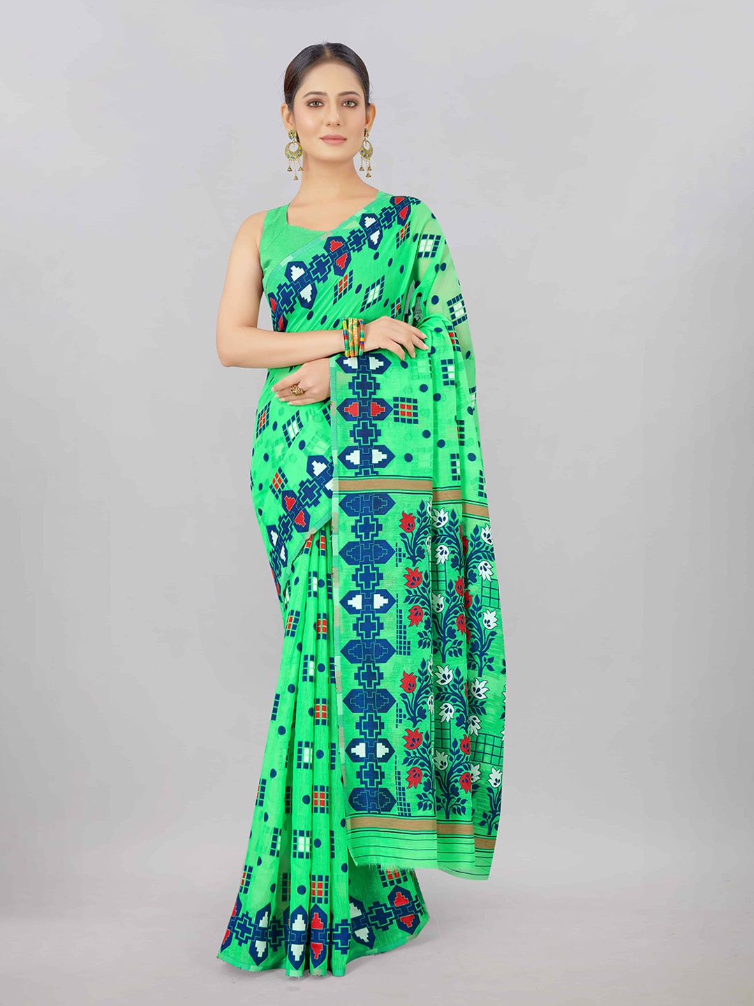 

Silk Land Green & Blue Woven Design Pure Cotton Jamdani Saree
