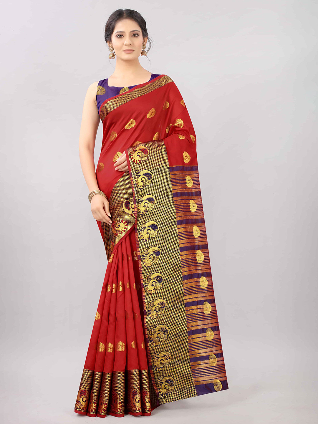 

Silk Land Red & Gold-Toned Woven Design Zari Banarasi Saree