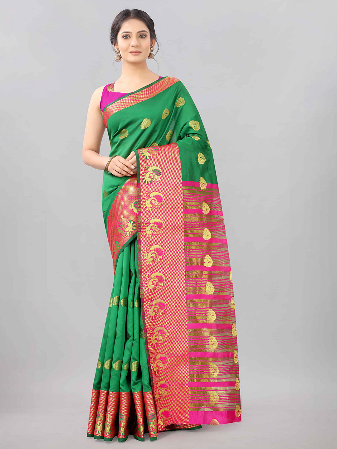 

Silk Land Green & Magenta Woven Design Zari Banarasi Saree