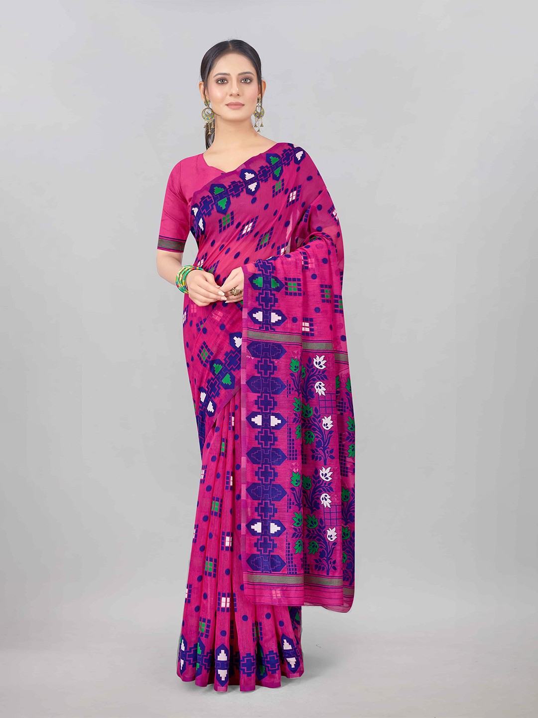 

Silk Land Pink & Blue Floral Pure Cotton Jamdani Saree