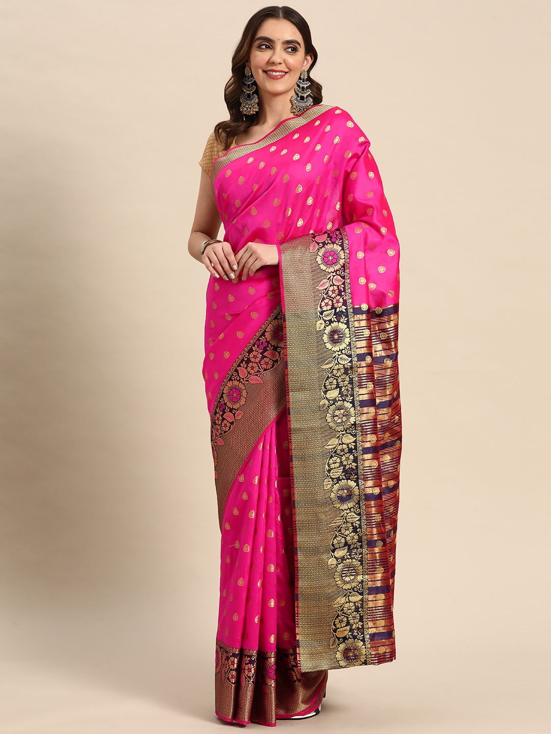 

Silk Land Pink & Gold-Toned Floral Woven Design Banarasi Saree