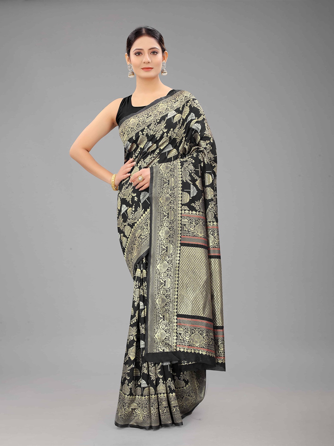 

Silk Land Black & Golden Ethnic Motifs Zari Banarasi Saree