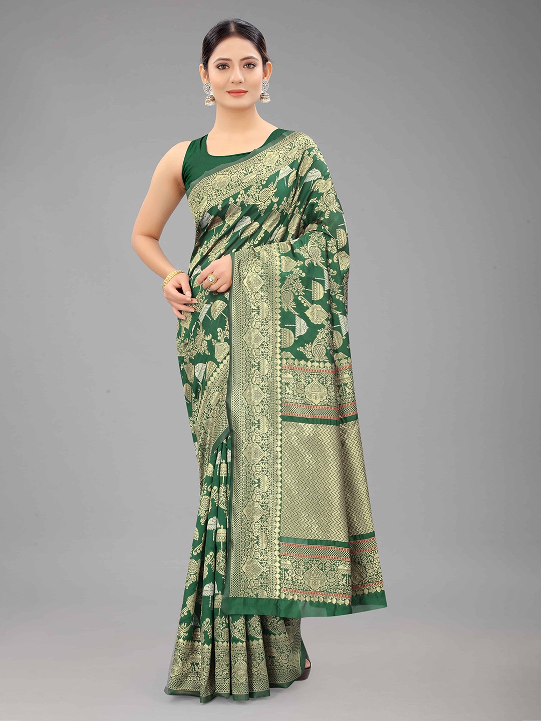 

Silk Land Green & Gold-Toned Woven Design Zari Fusion Banarasi Saree