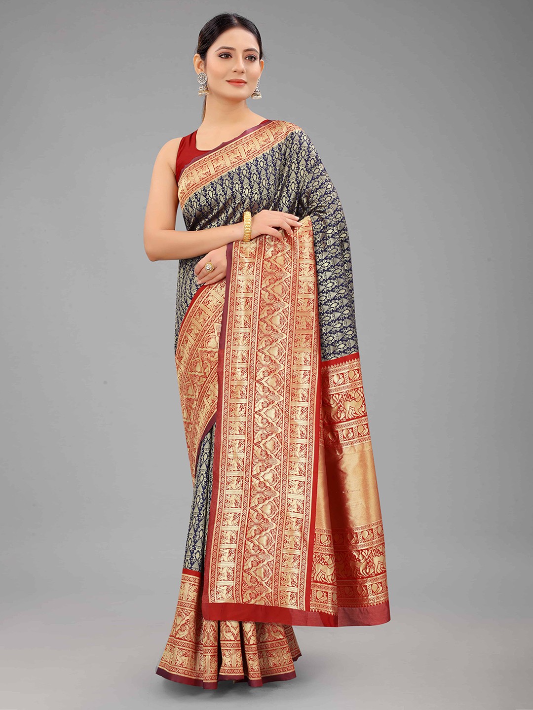 

Silk Land Navy Blue & Gold-Toned Ethnic Motifs Zari Banarasi Saree