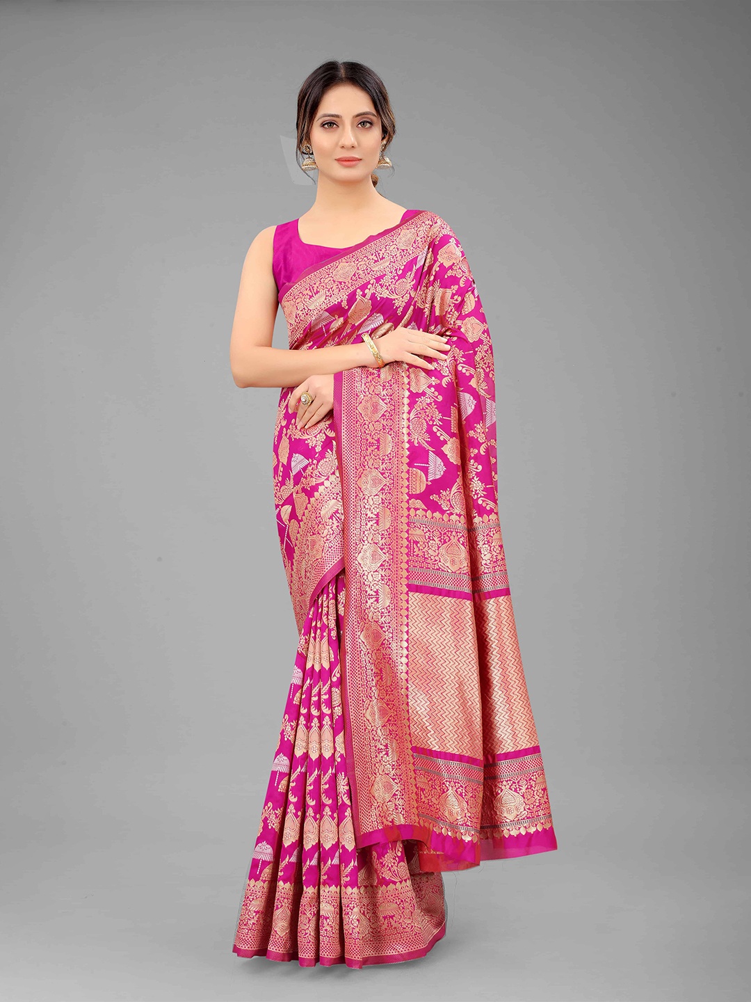 

Silk Land Pink & Gold-Toned Woven Design Zari Pure Silk Fusion Banarasi Saree