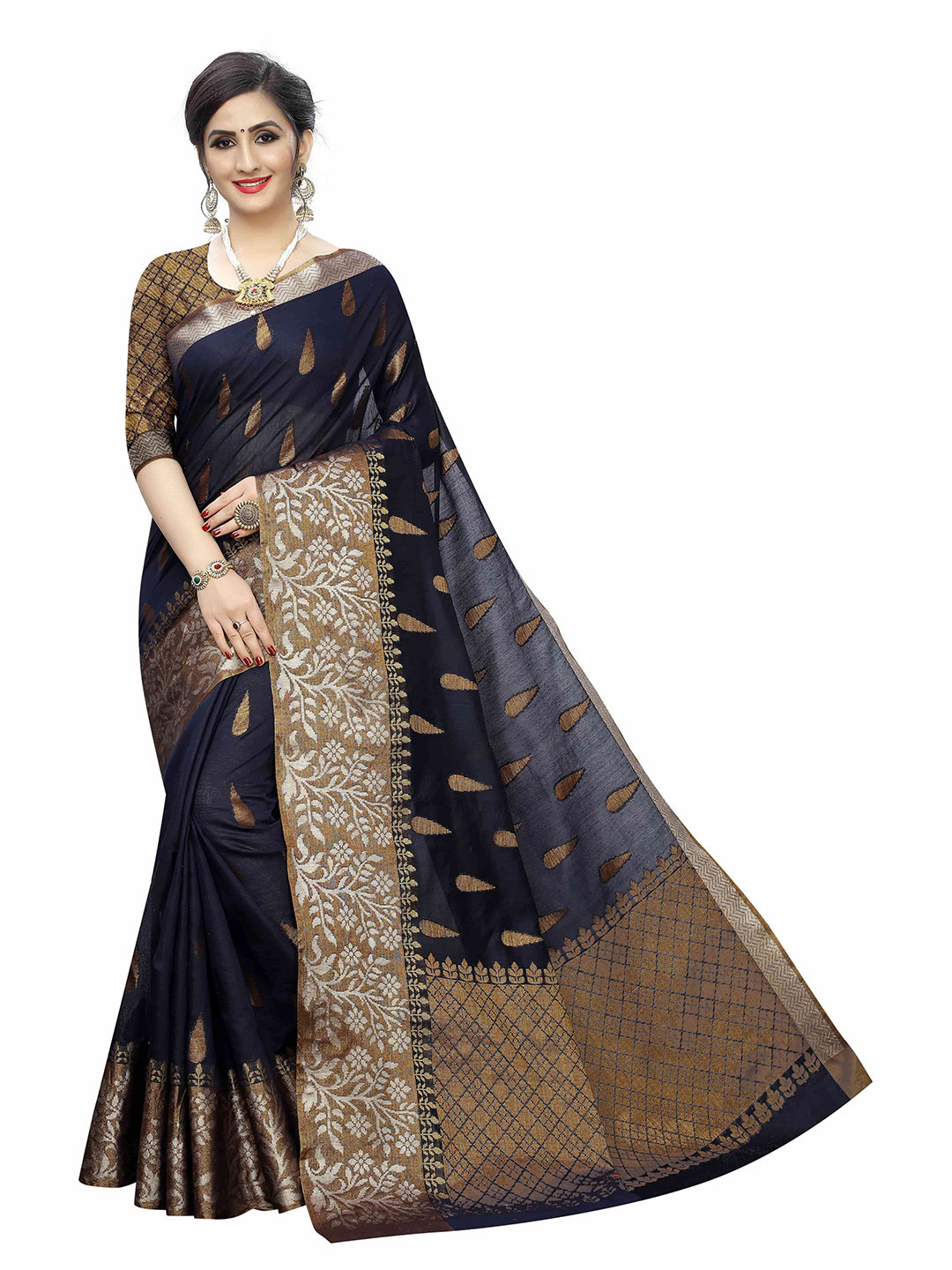 

Silk Land Navy Blue & Brown Ethnic Motifs Saree