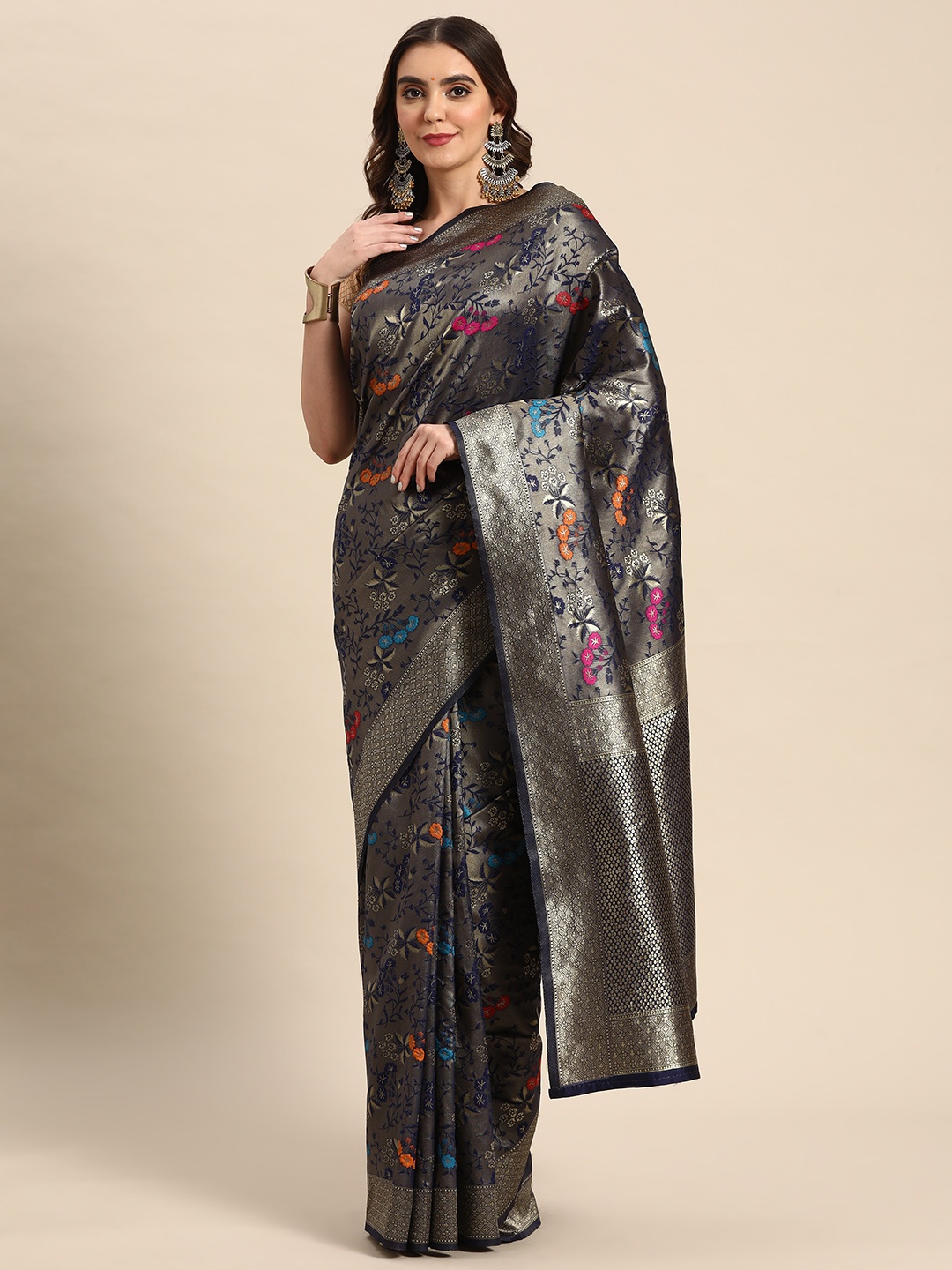 

Silk Land Navy Blue & Silver-Toned Woven Design Zari Banarasi Saree