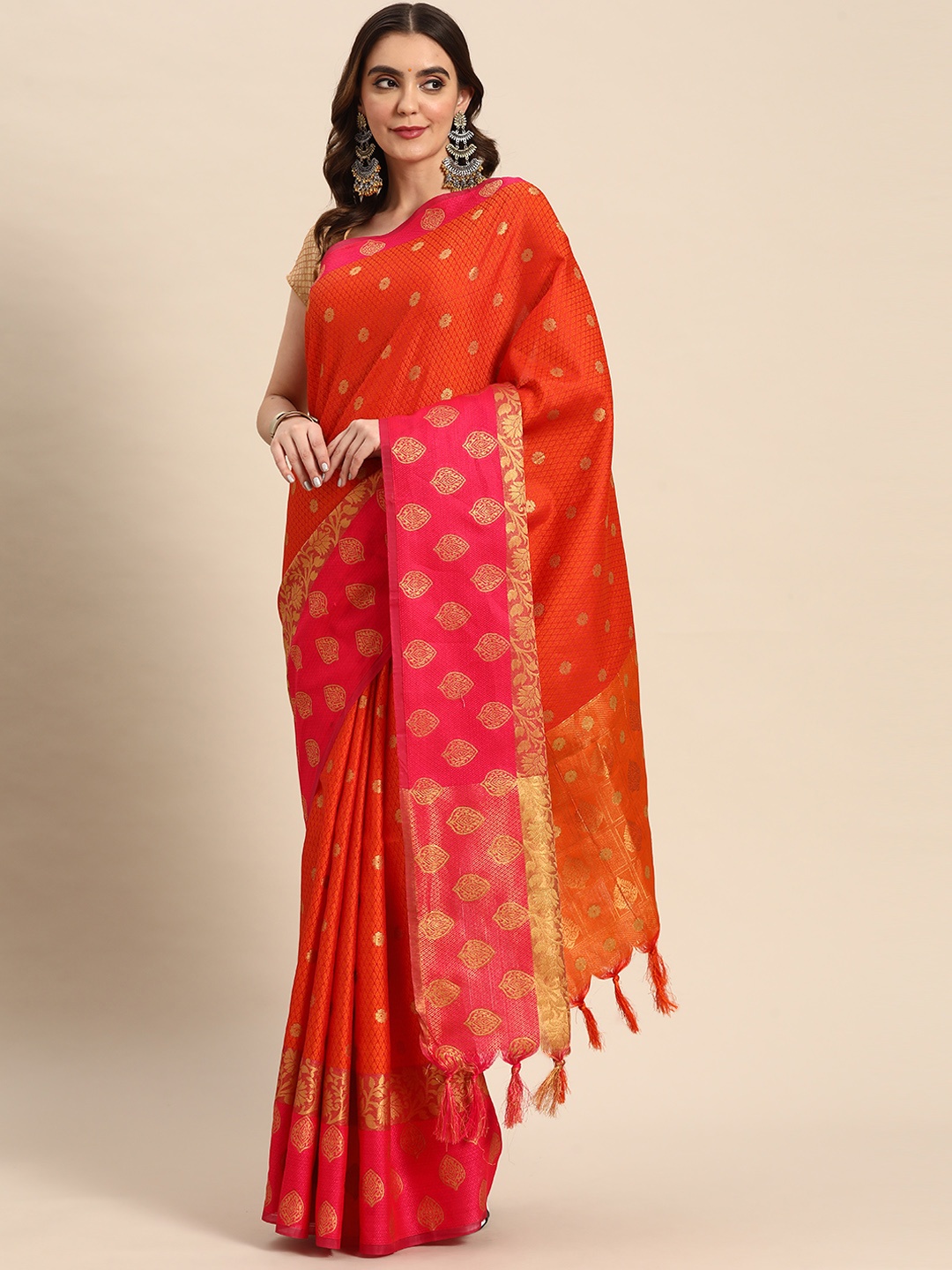 

Silk Land Orange & Pink Ethnic Motifs Zari Jute Silk Banarasi Saree