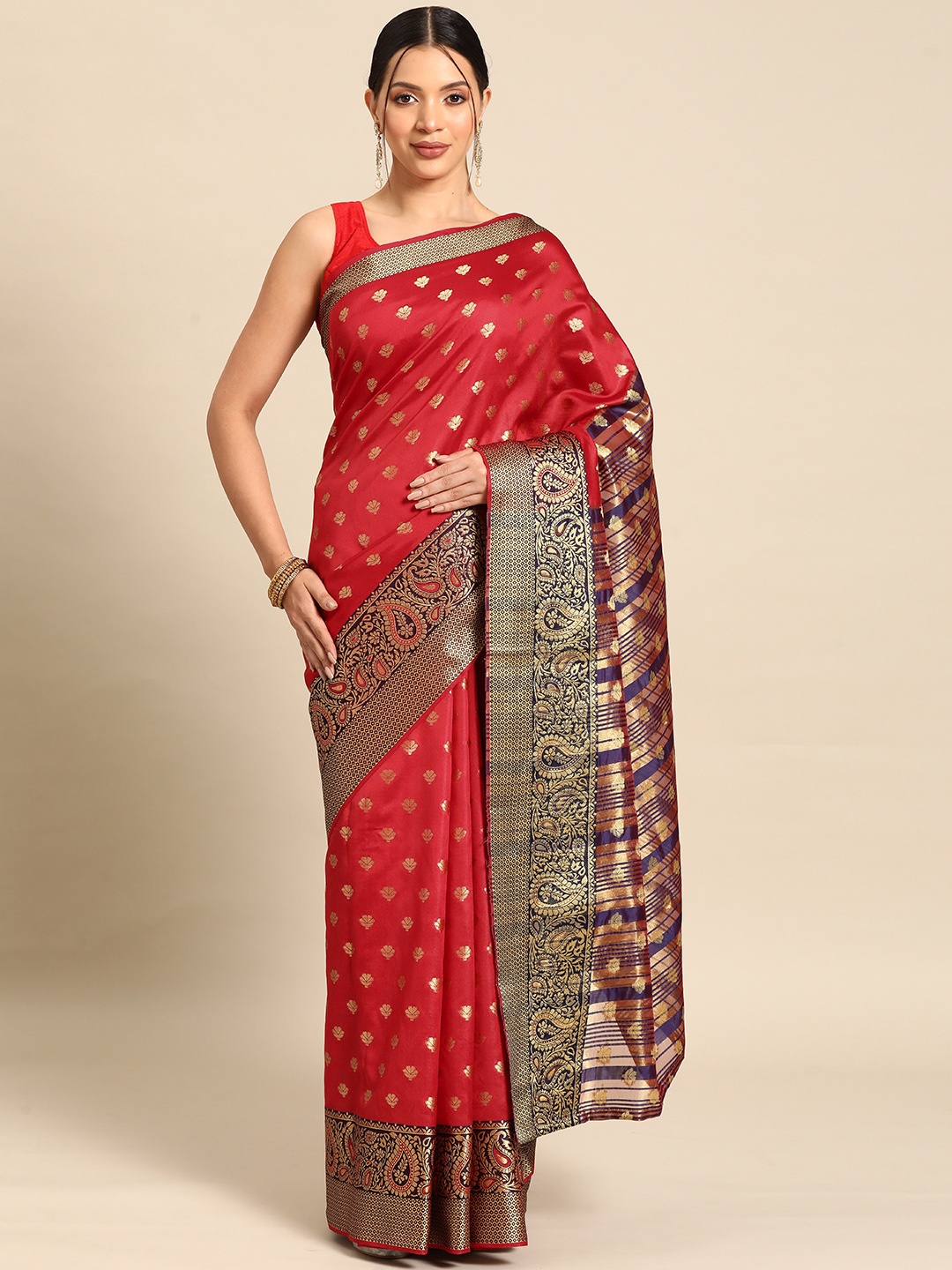 

Silk Land Red & Gold-Toned Ethnic Motifs Banarasi Saree