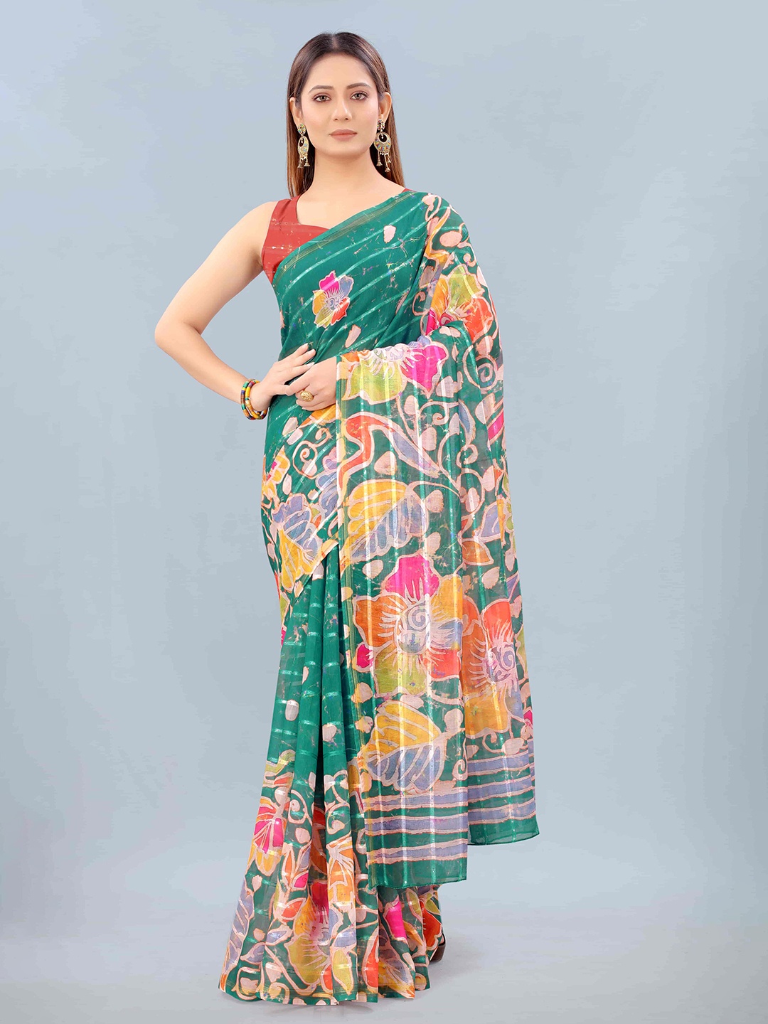

Silk Land Green & Yellow Floral Chanderi Saree