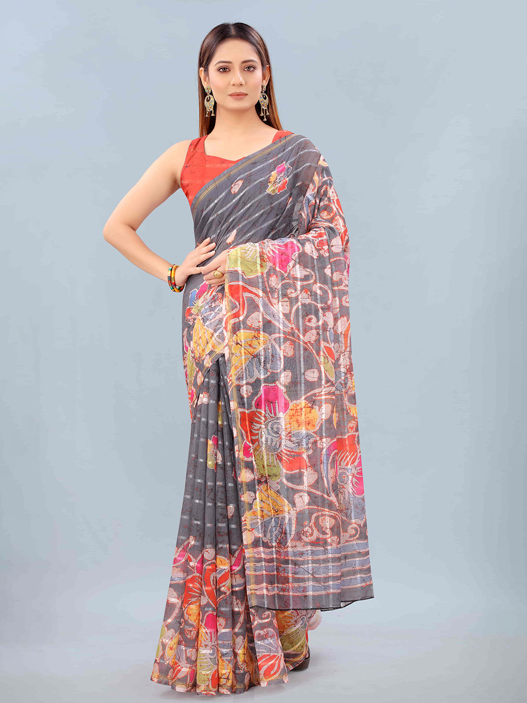 

Silk Land Grey & Pink Floral Sequinned Silk Cotton Saree