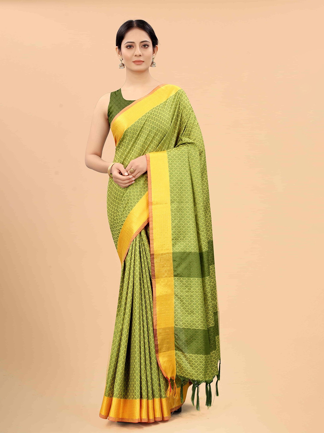 

Silk Land Lime Green & Yellow Ethnic Motifs Zari Art Silk Uppada Saree