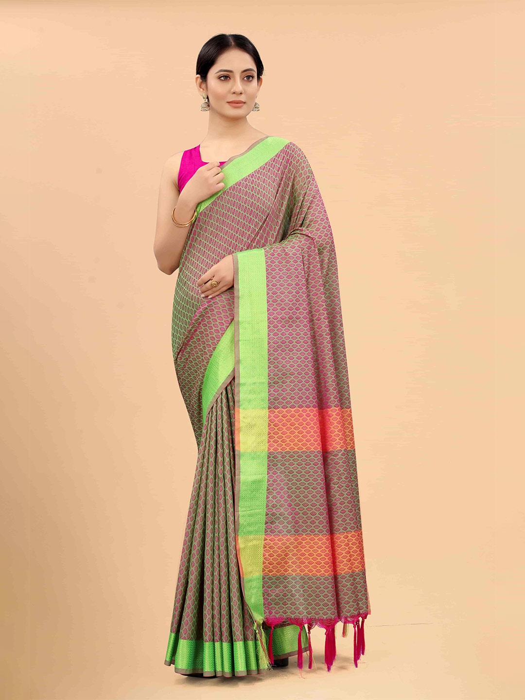 

Silk Land Green & Pink Ethnic Motifs Zari Art Silk Fusion Uppada Saree