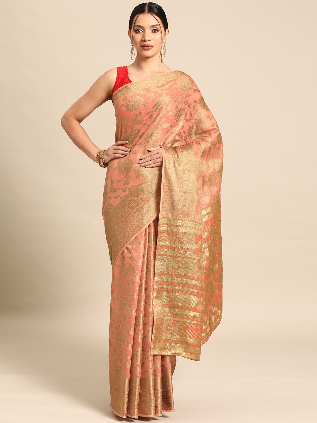

Silk Land Pink & Golden Floral Zari Banarasi Saree