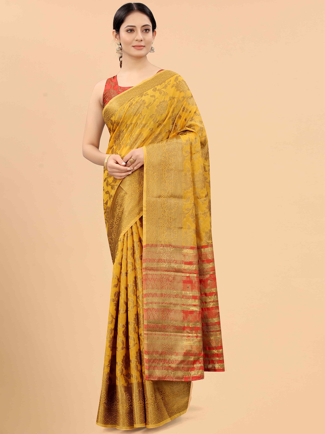 

Silk Land Yellow & Red Floral Zari Banarasi Saree