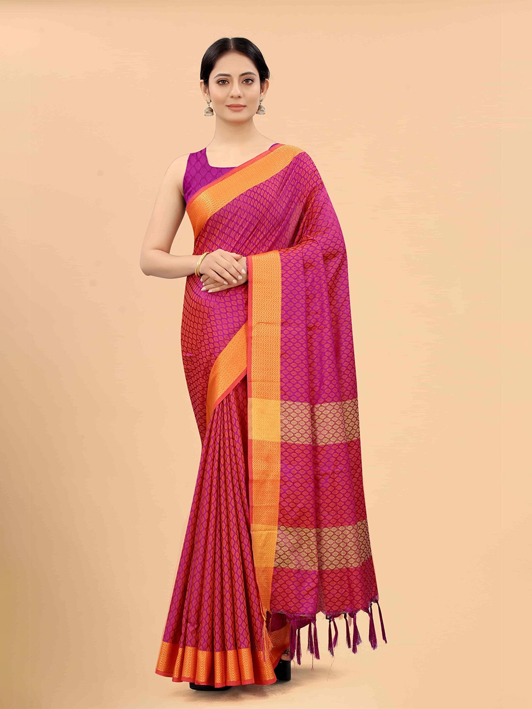 

Silk Land Pink & Orange Ethnic Motifs Zari Art Silk Uppada Saree