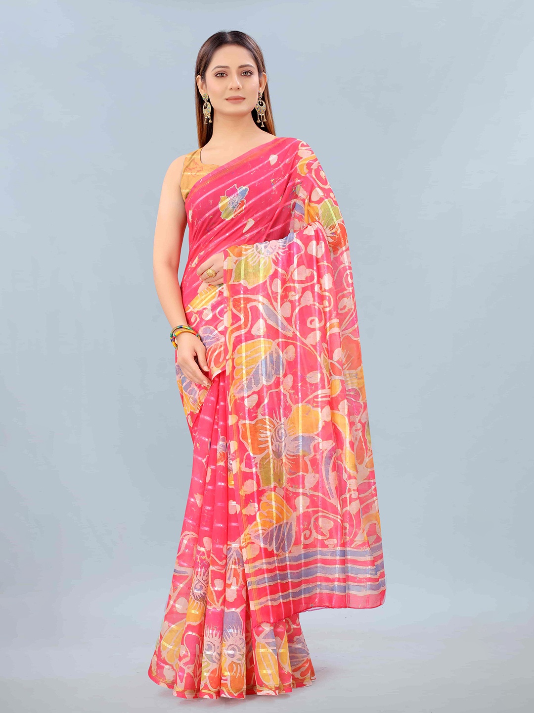 

Silk Land Pink & Blue Floral Zari Silk Cotton Chanderi Saree