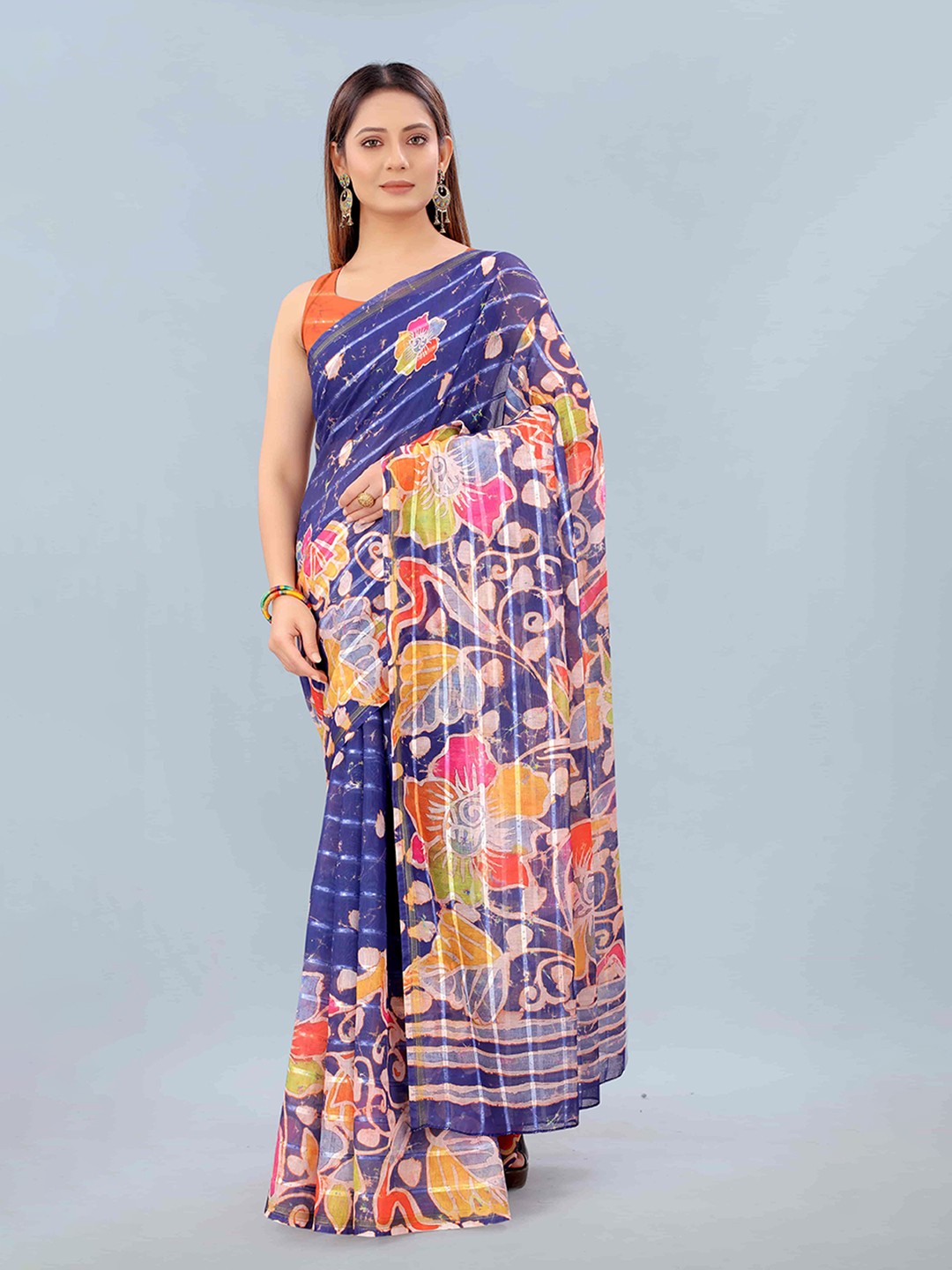 

Silk Land Purple & Pink Floral Silk Cotton Fusion Chanderi Saree
