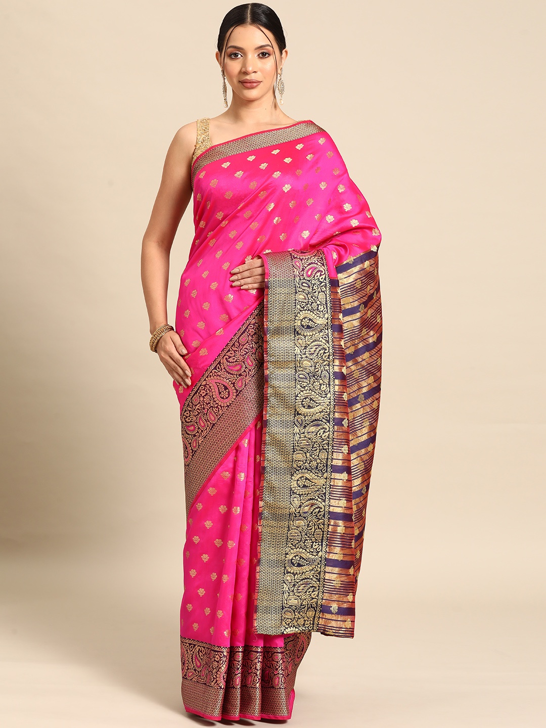 

Silk Land Pink & Violet Ethnic Motifs Zari Banarasi Saree