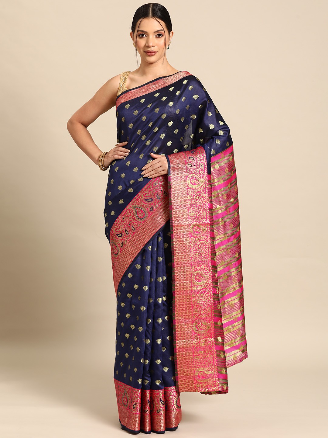

Silk Land Navy Blue & Pink Ethnic Motifs Zari Banarasi Saree