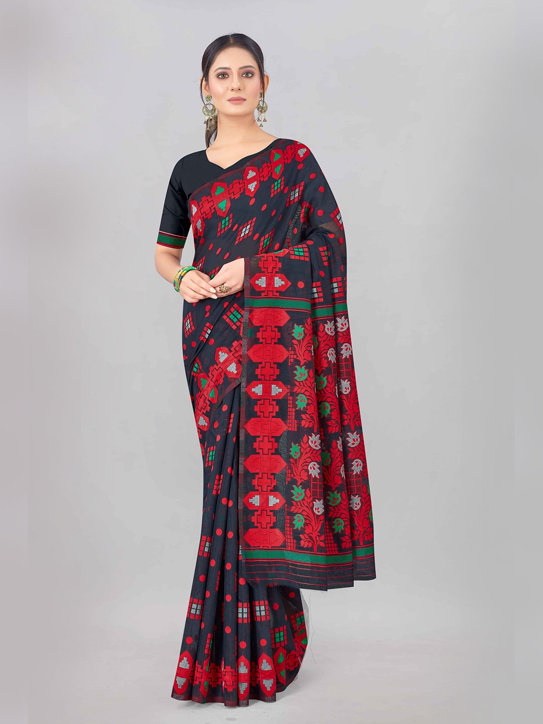 

Silk Land Black & Red Ethnic Motifs Pure Cotton Jamdani Saree