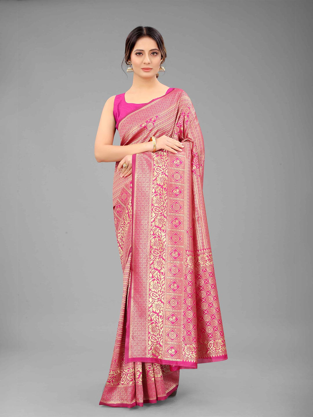 

Silk Land Pink & Gold-Toned Ethnic Motifs Zari Pure Silk Fusion Banarasi Saree