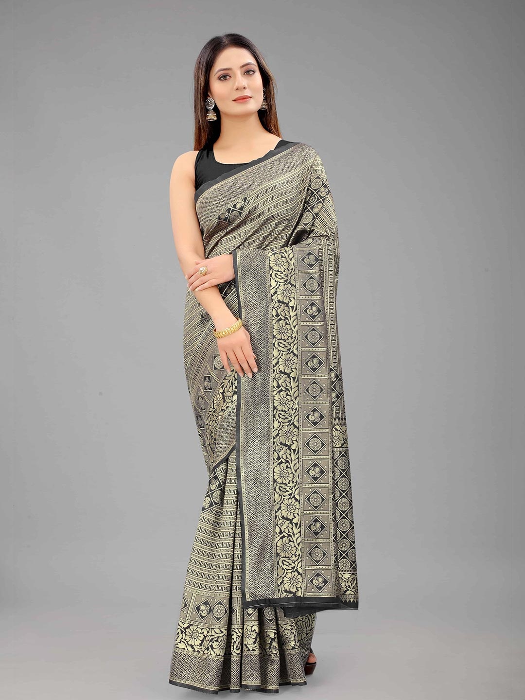 

Silk Land Black & Gold-Toned Woven Design Zari Banarasi Saree