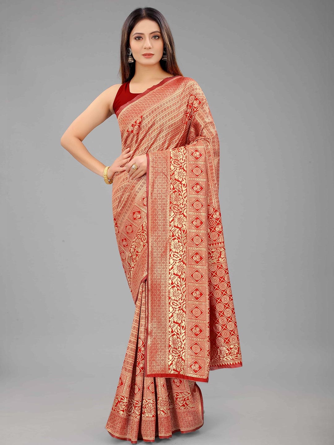 

Silk Land Red & Gold-Toned Floral Zari Pure Silk Banarasi Saree