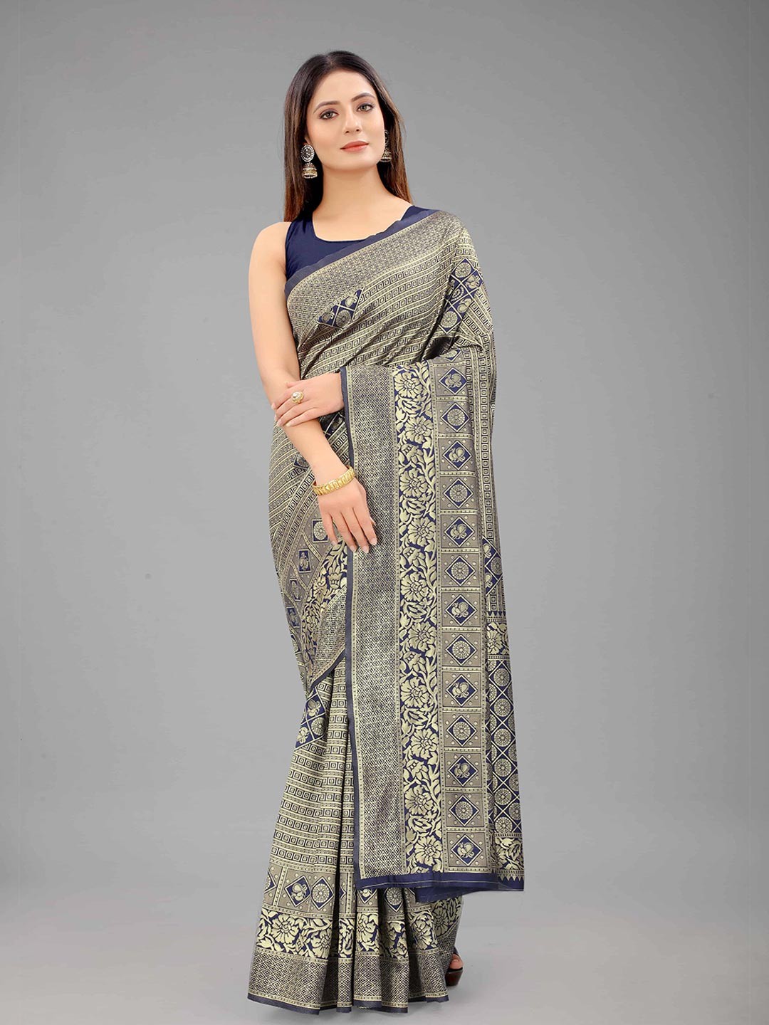 

Silk Land Navy Blue & Gold-Toned Zari Banarasi Saree