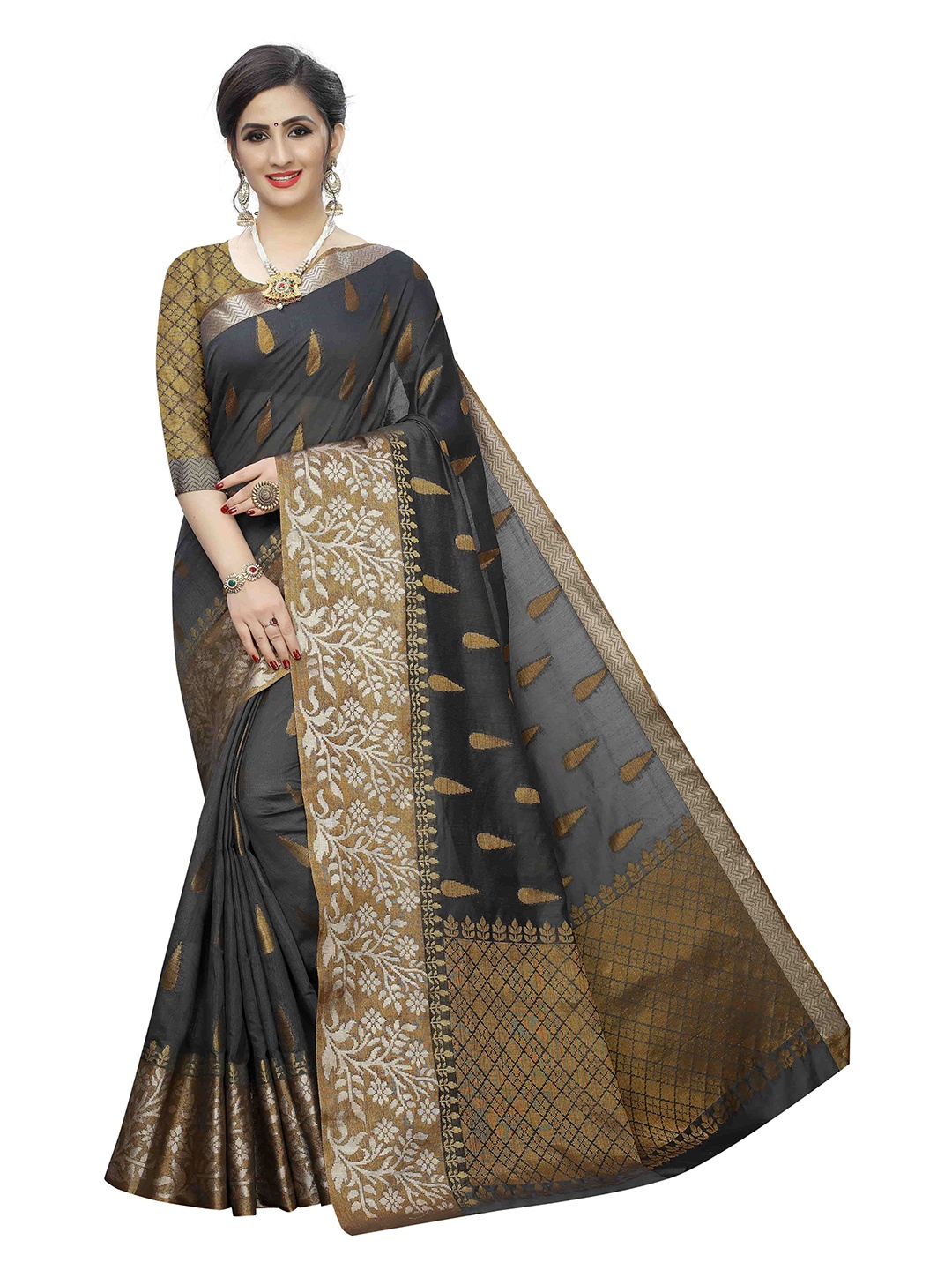

Silk Land Grey & Gold-Toned Ethnic Motifs Saree
