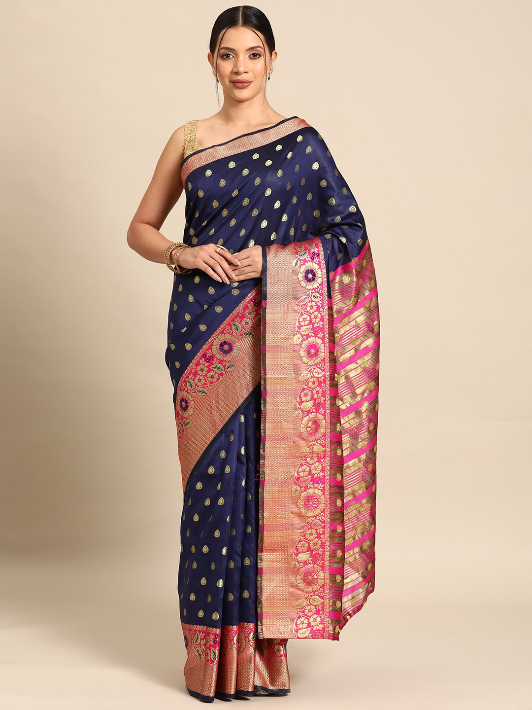 

Silk Land Blue & Gold-Toned Ethnic Motifs Zari Banarasi Saree