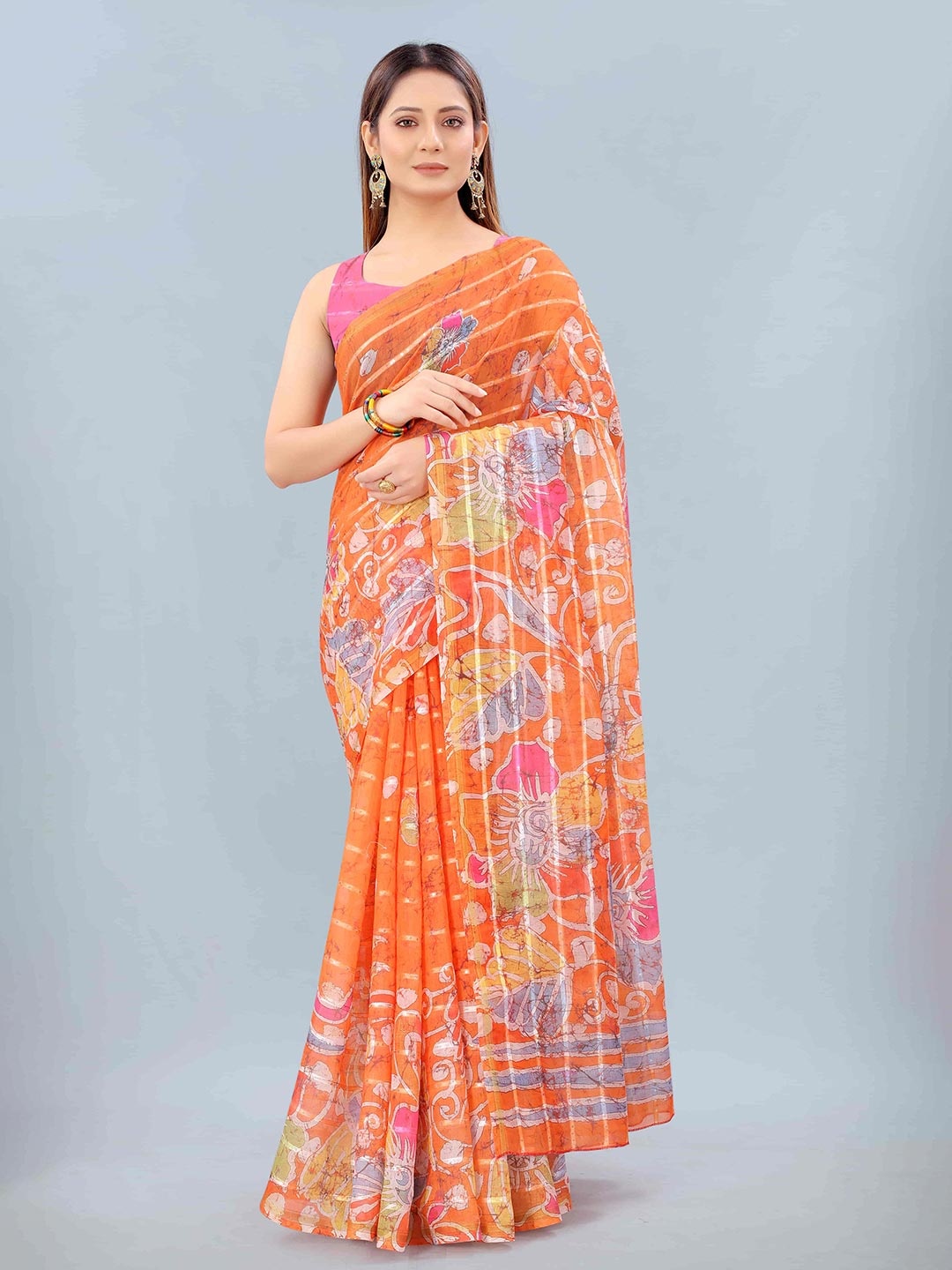 

Silk Land Orange & Pink Floral Sequinned Silk Cotton Chanderi Saree