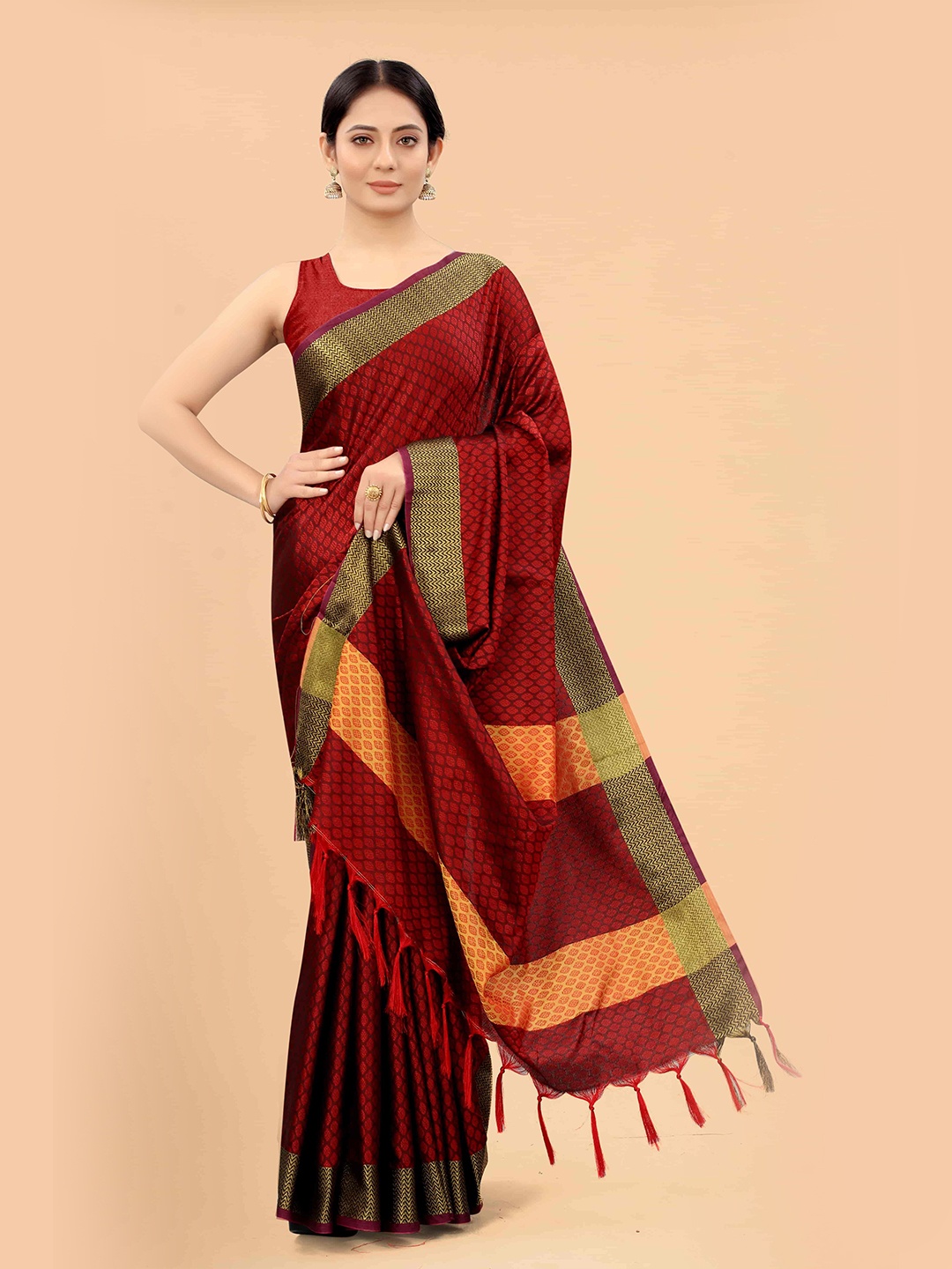

Silk Land Red & Gold-Toned Floral Zari Art Silk Uppada Saree