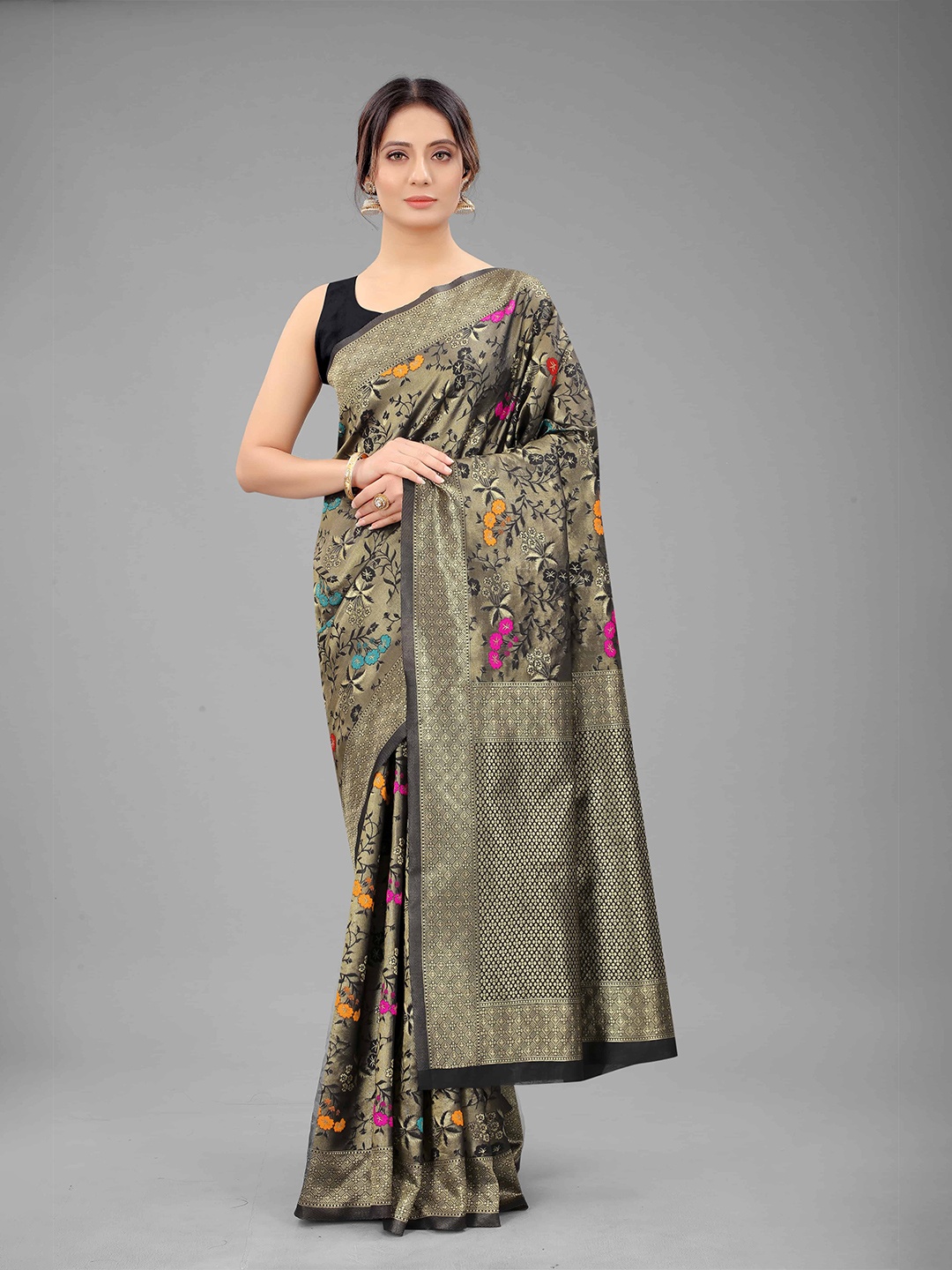 

Silk Land Black & Yellow Floral Banarasi Saree