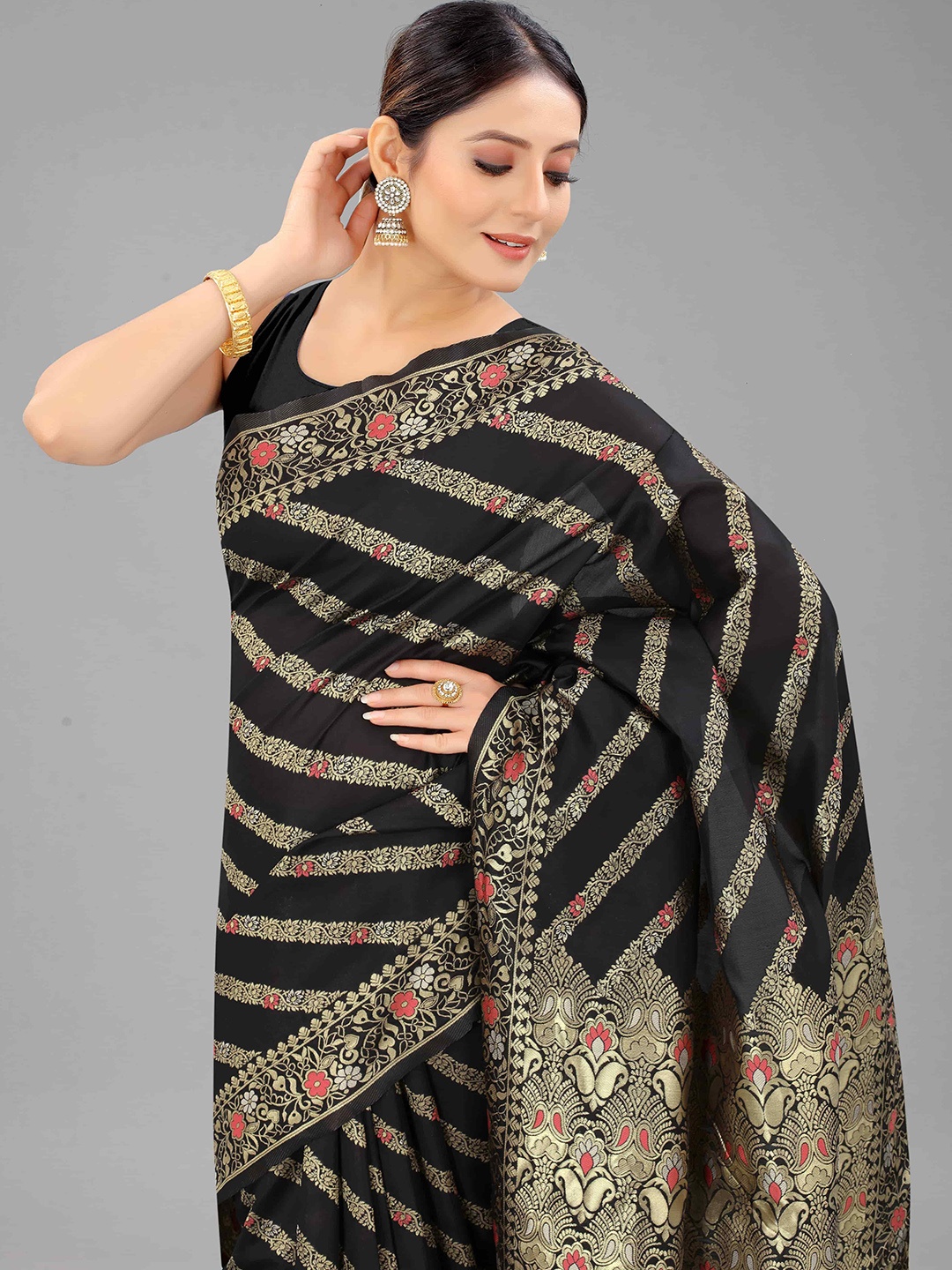 

Silk Land Black & Golden Ethnic Motifs Zari Banarasi Saree