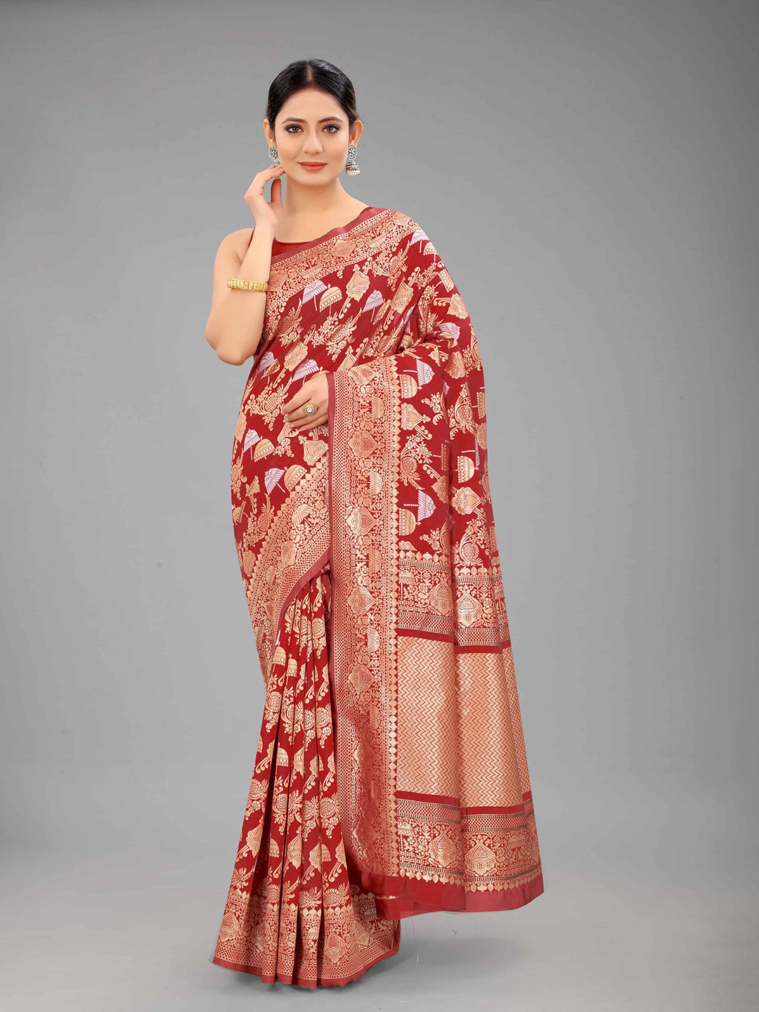 

Silk Land Red & Gold-Toned Ethnic Motifs Zari Pure Silk Fusion Banarasi Saree