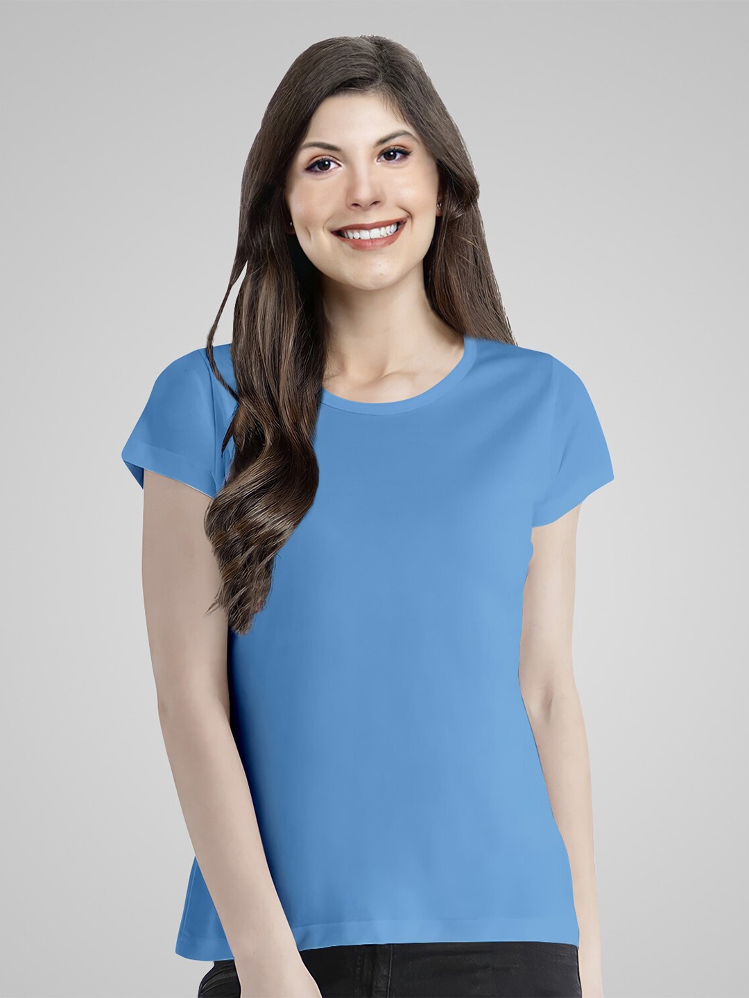 

Pootlu Women Blue Self Design Cotton T-shirt