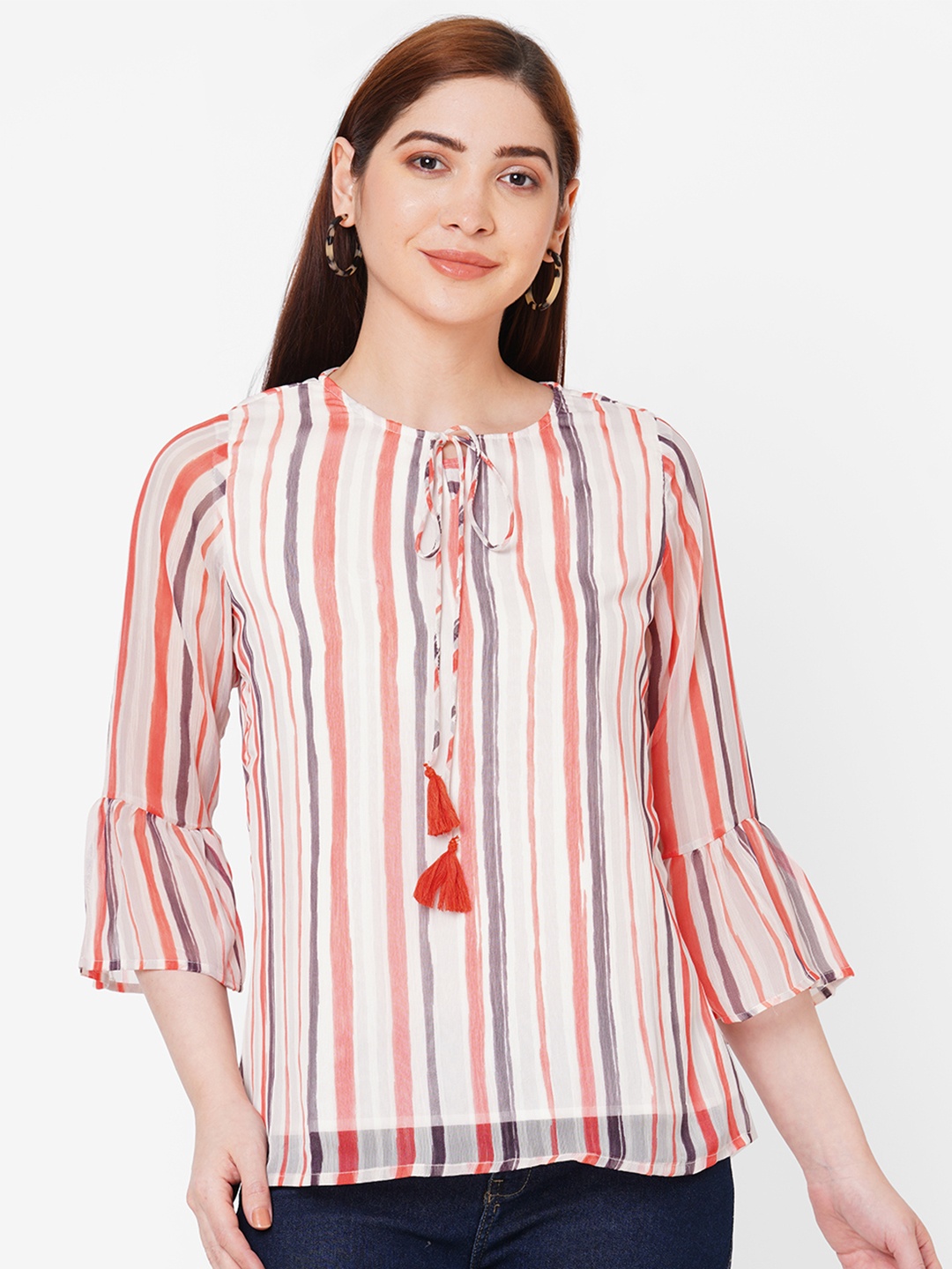 

109F Women Multicoloured Striped Tie-Up Neck Top, Multi