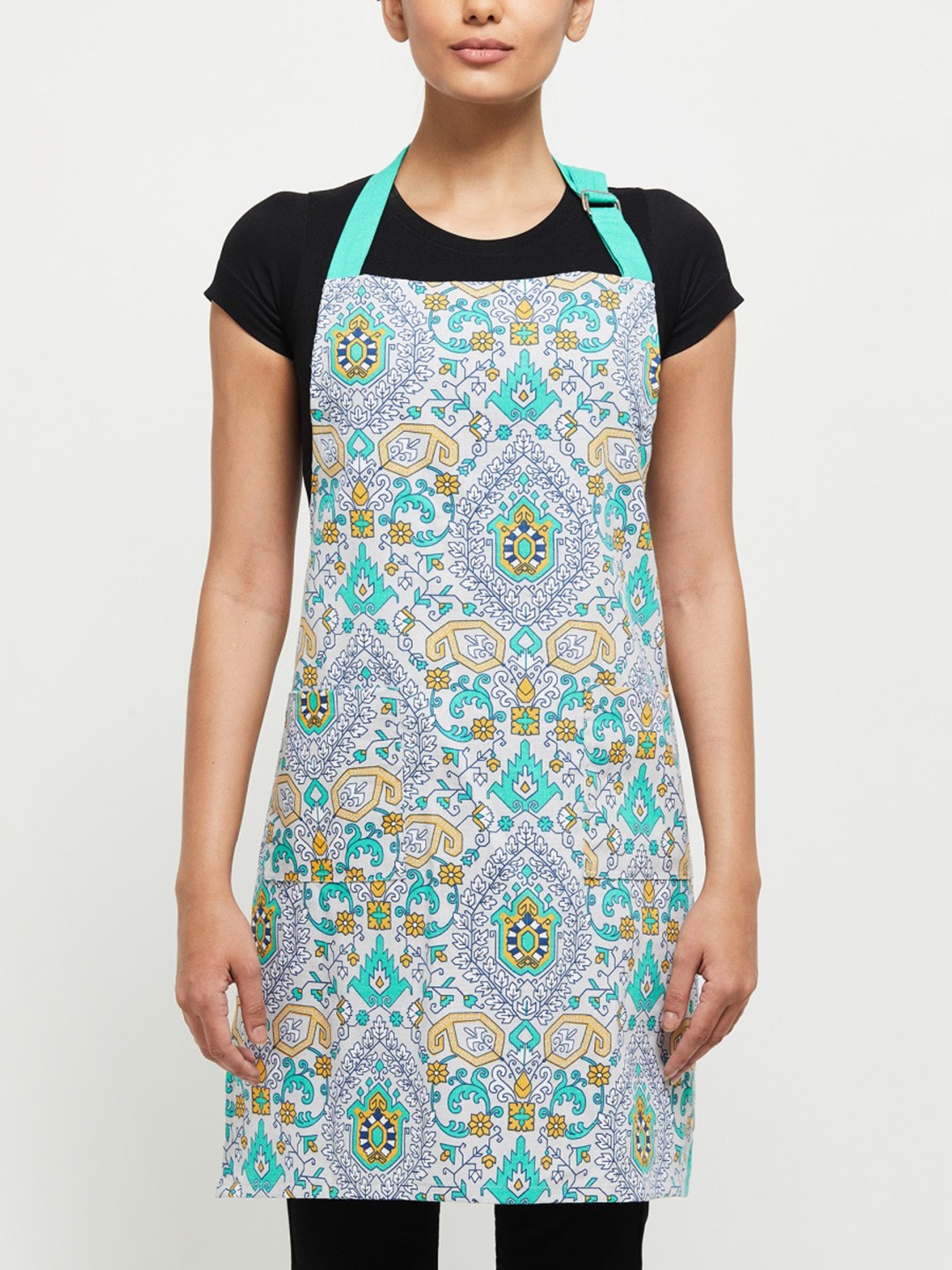 

Home Centre Grey & Turquoise Blue Printed Cotton Apron