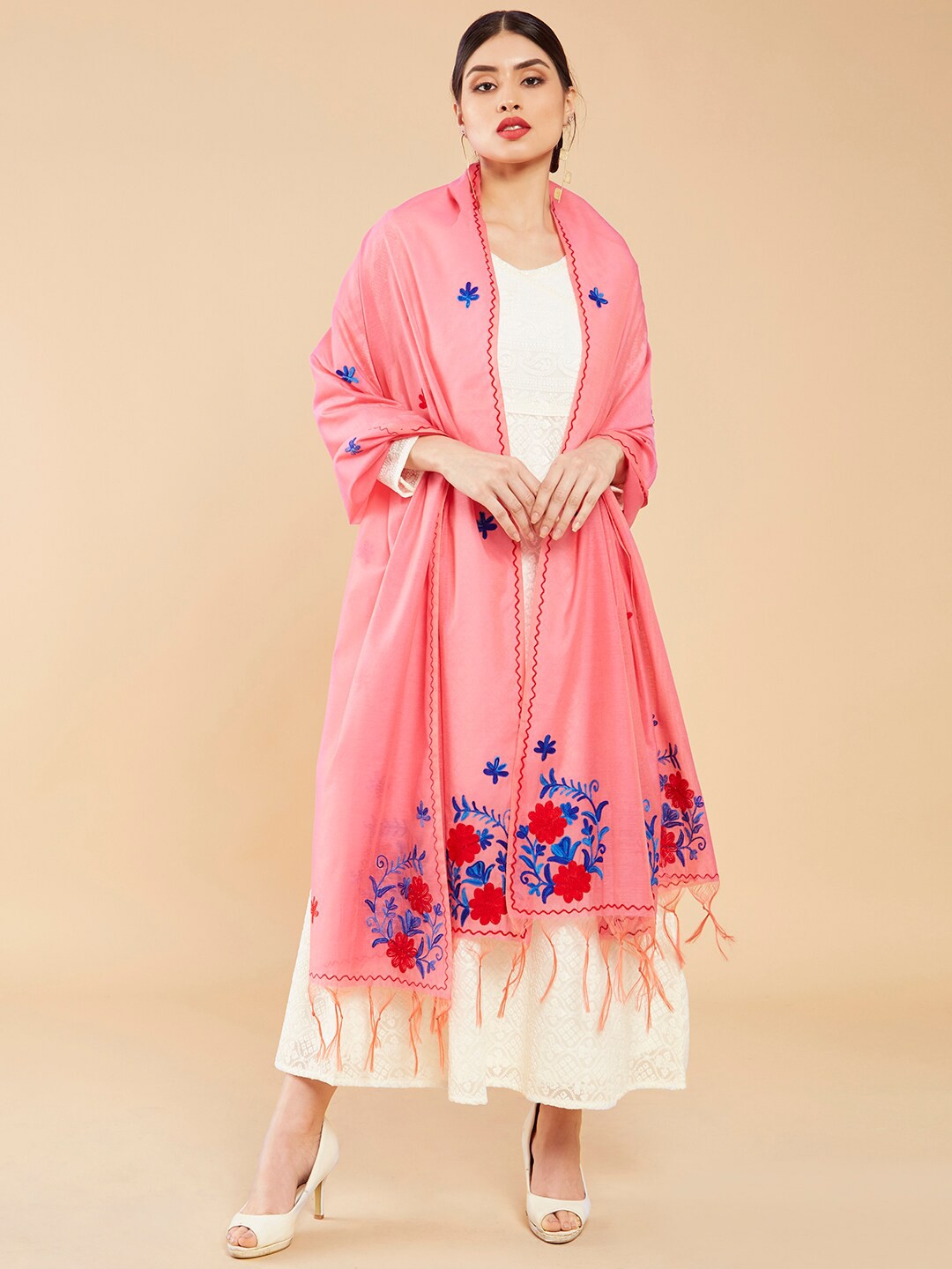 

Soch Pink & Blue Embroidered Pure Cotton Dupatta
