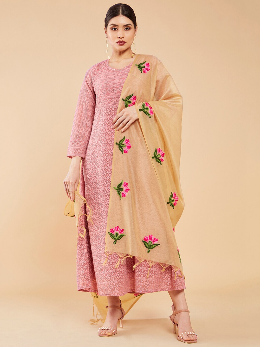 

Soch Beige & Pink Floral Embroidered Cotton Dupatta