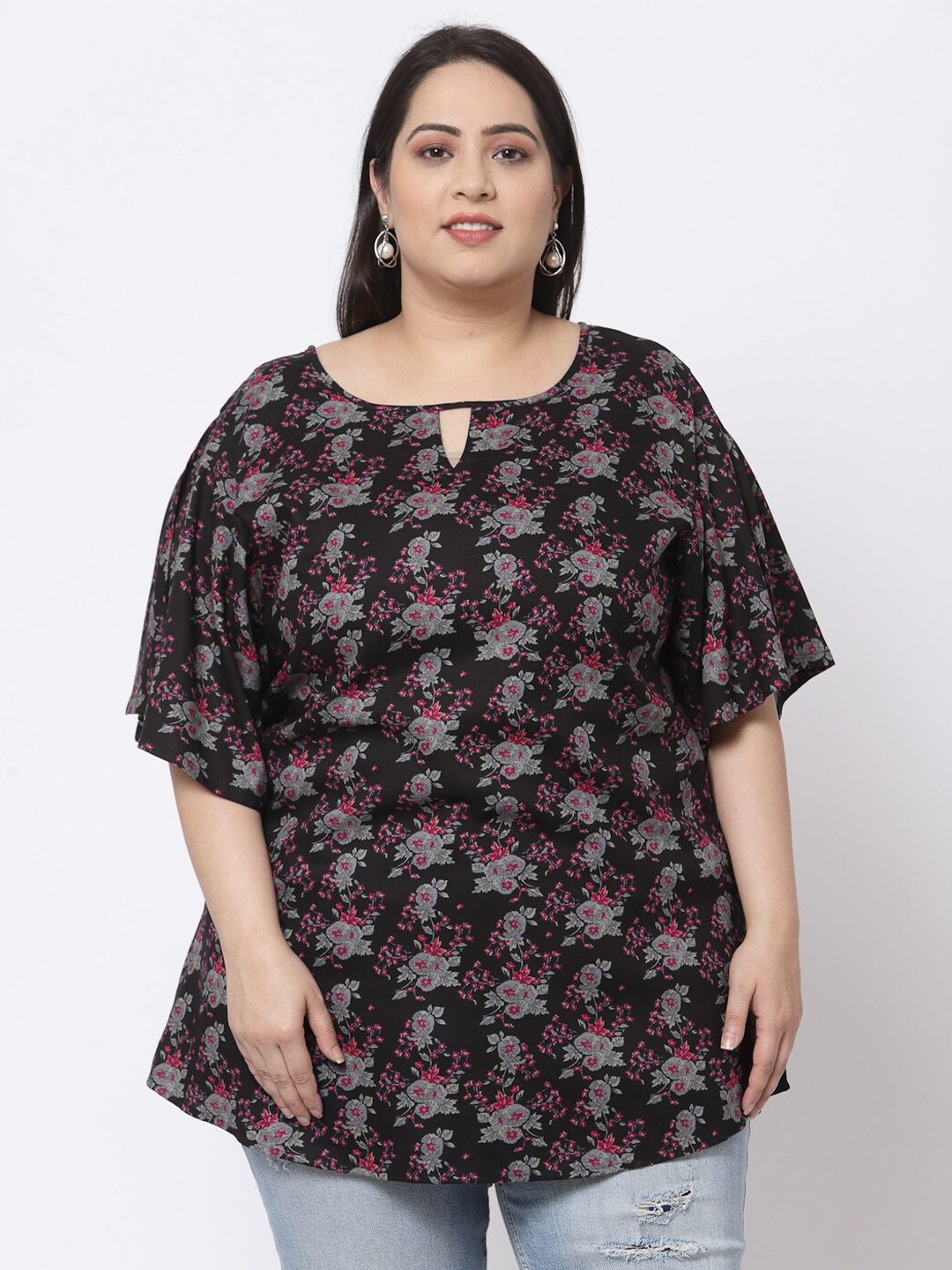

KLOTTHE Plus Size Women Black Floral Print Cotton Keyhole Neck Top