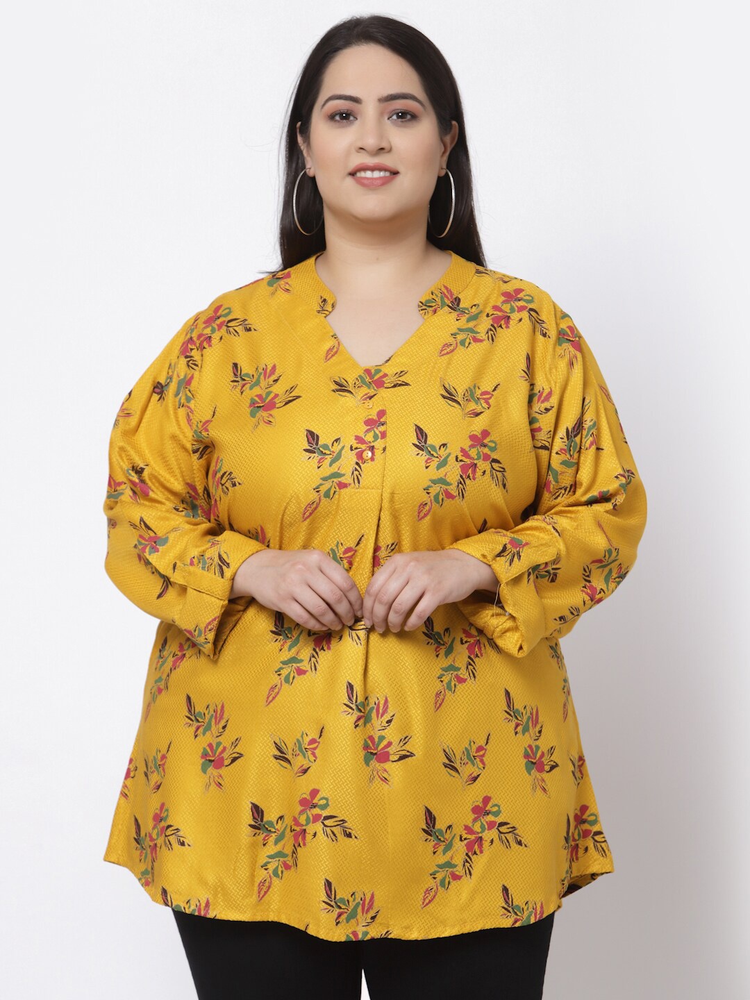 

KLOTTHE Yellow Floral Print Mandarin Collar Longline Top
